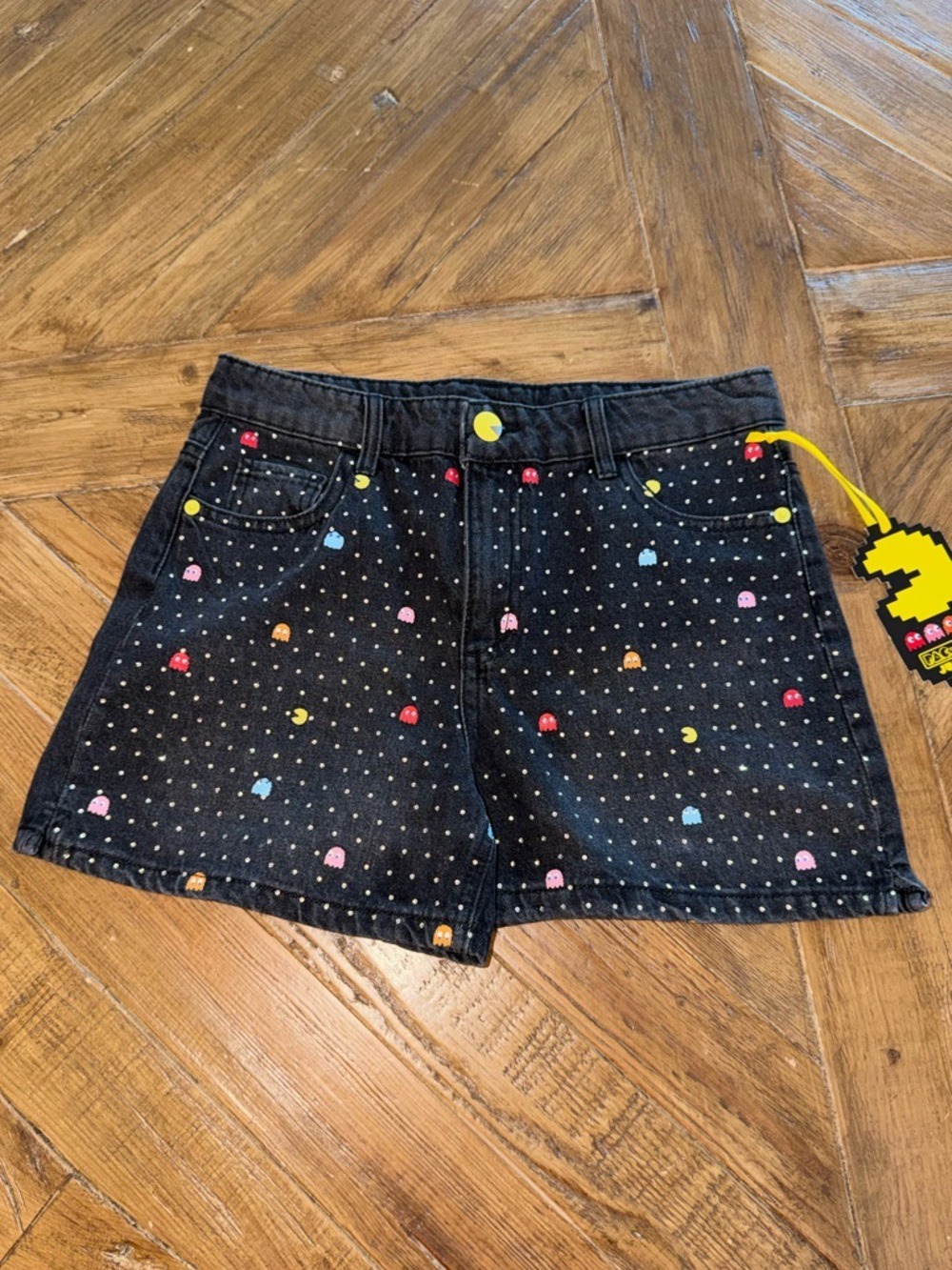 Justice Girls NWT Black Sparkly Pac Man denim Shorts - Size 16 *gamer love*
